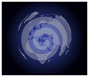 Globe shape, Earth planet. Digital world map from dots or pixels. Vector illustration on dark