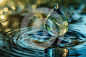 globe in the shape of a water drop, illustration for world water day
