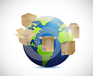 Globe and shipping boxes around. illustration