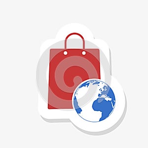Globe with shopping bag flat icon. Global market color icon in trendy flat style