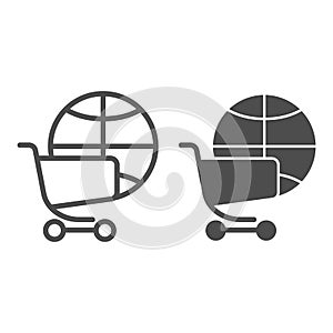 Globe with shopping cart line and glyph icon. Global market vector illustration isolated on white. Planet and trolley