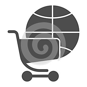 Globe with shopping cart solid icon. Global market vector illustration isolated on white. Planet and trolley glyph style