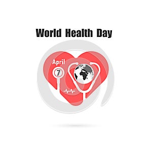 Globe sign and stethoscope icon with heart shape vector logo design template.World Health Day icon.World Health Day idea campaign