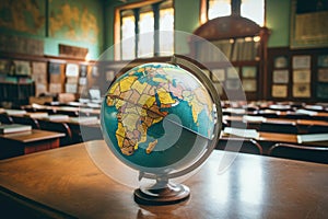 A globe sits on top of a wooden table, displaying the beauty of Earth and adding a touch of elegance to any space, A globe sitting