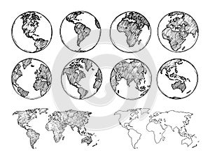 Globe sketch. Hand drawn earth planet with continents and oceans. Doodle world map vector illustration
