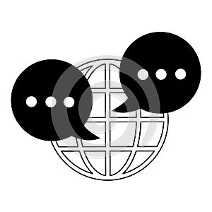 Globe and speech bubble icon cartoon in black and white