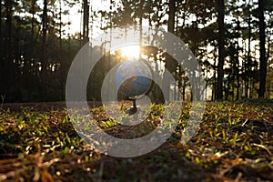 Globe sphere model on grass against natural background and warm sunlight in park. Earth day. World environment day