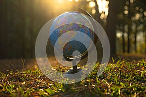 Globe sphere model on grass against natural background and warm sunlight in park. Earth day. World environment day