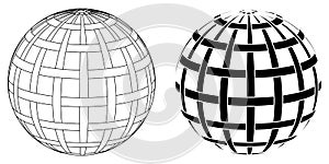 Globe sphere planet earth with intertwined Parallels and meridians, vector intertwined lines globe
