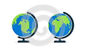 Globe with stand. World on globus for classroom and school. Icon of map on desk. Model of earth with axis. Flat globe isolated on