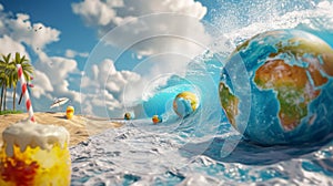 A globe surfing on a giant wave with other globes lounging on the beach and sipping tropical drinks