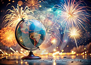 a globe surrounded by fireworks and lights