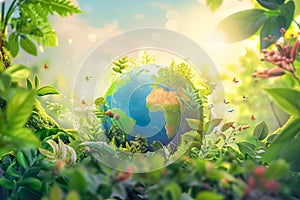 Globe surrounded by green trees and leaves. Sustainability ecology