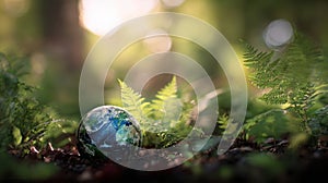 The globe surrounded by lush greenery in a serene forest setting. AI generated image