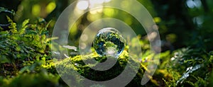 The globe surrounded by lush moss in a tranquil forest setting. AI generated image
