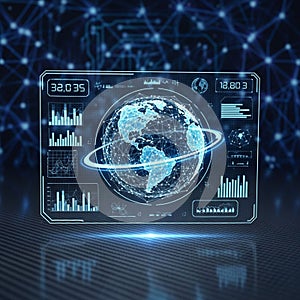 The globe is surrounded by various charts and graphs displaying numerical data