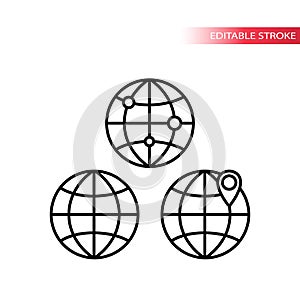 Globe symbol, globe with location pin black outline icons. Thin line globe icon set.