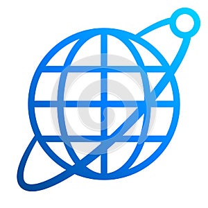Globe symbol icon with orbit and satellite - blue gradient, isolated - vector