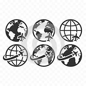 Globe symbol web icon set with airplane flight sign. Planet Earth icons with airplane flying icon.