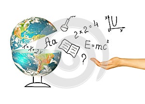 Globe and symbols of the school. Educational concept. Illustration 3d of educational concept. Formulas, drawings and