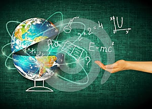 Globe and symbols of the school. Educational concept. Illustration 3d of educational concept. Formulas, drawings and