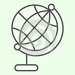 Globe thin line icon. Planet Earth world sphere on stand outline style pictogram on white background. Development and