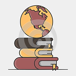 Globe on top of a pile of thick books. World history books concept. Global library. Flat style illustration.