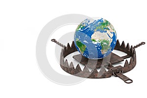 Globe in a trap on a white background. Space for text.