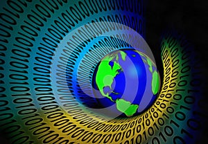 Globe in tunnel of binary code