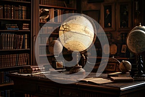 A globe in a vintage study, surrounded by antique books, library, bookshelfs, wallpaper background