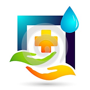 Globe Water drop medical logo concept of water care with world save earth wellness symbol icon nature drops elements  design