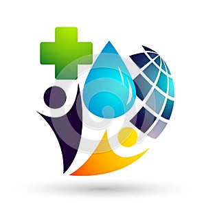 Globe Water drop medical logo concept of water care with world save earth wellness symbol icon nature drops elements  design