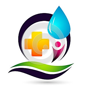 Globe Water drop medical logo concept of water care with world save earth wellness symbol icon nature drops elements  design