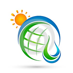 Globe Water drop sun logo concept of water drop with world save earth wellness symbol icon nature drops elements vector design