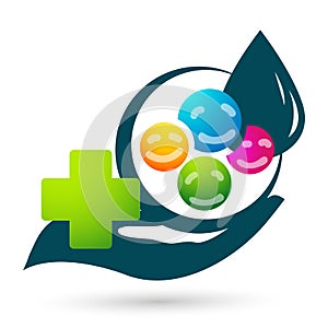 Globe Water medical health drop save logo concept with world save earth wellness symbol icon nature drops elements vector design