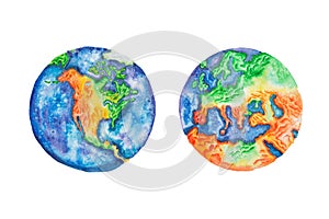 Globe. Watercolor illustration of planet Earth North America and Europe mainlands and continents.