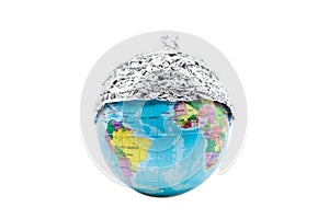 Globe wearing a tin foil hat, isolated on white background, concept conspiracy theory and paranoia