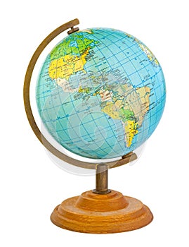 Globe on a wooden stand with visible western hemisphere