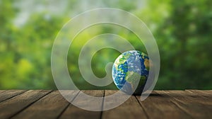 A globe on a wooden surface with a green, blurred background symbolizing environmental conservation
