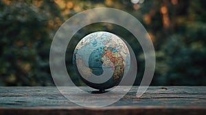 A globe on a wooden surface with a green, blurred background symbolizing environmental conservation