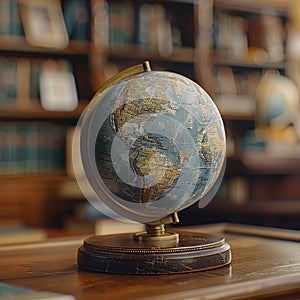 Globe on a Wooden Table in a Library photo