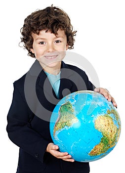 With a globe of the world