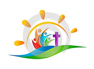 Globe world Church People union logo icon winning happiness love together team success wellness health symbol on white background