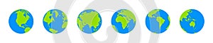Globe of world, earth. Vector transparent 3d world map icons on background. Europe, Asia, Africa, America, Australia on globus.