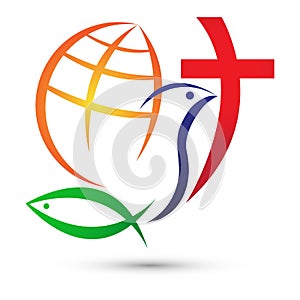 Christianity. globe Christian cross love Jesus dove peace fish church logo symbol vector.