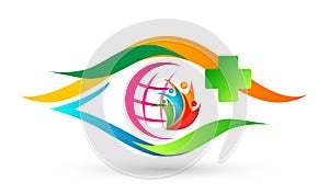 Globe world eye care Medical health care clinic cross people healthy life care logo design icon on white background
