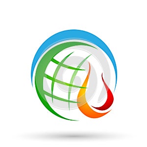 Globe world Flame fire logo, modern flames logotype symbol icon design vector on white background