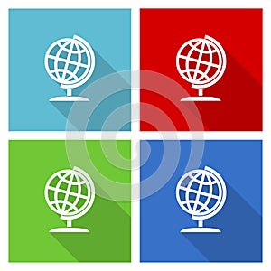 Globe, world, global, map, earth icon set, flat design vector illustration in eps 10 for webdesign and mobile applications in four