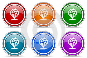 Globe, world, global, map, earth silver metallic glossy icons, set of modern design buttons for web, internet and mobile