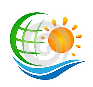Globe world green sun and sea water wave logo concept symbol icon design vector on white background.